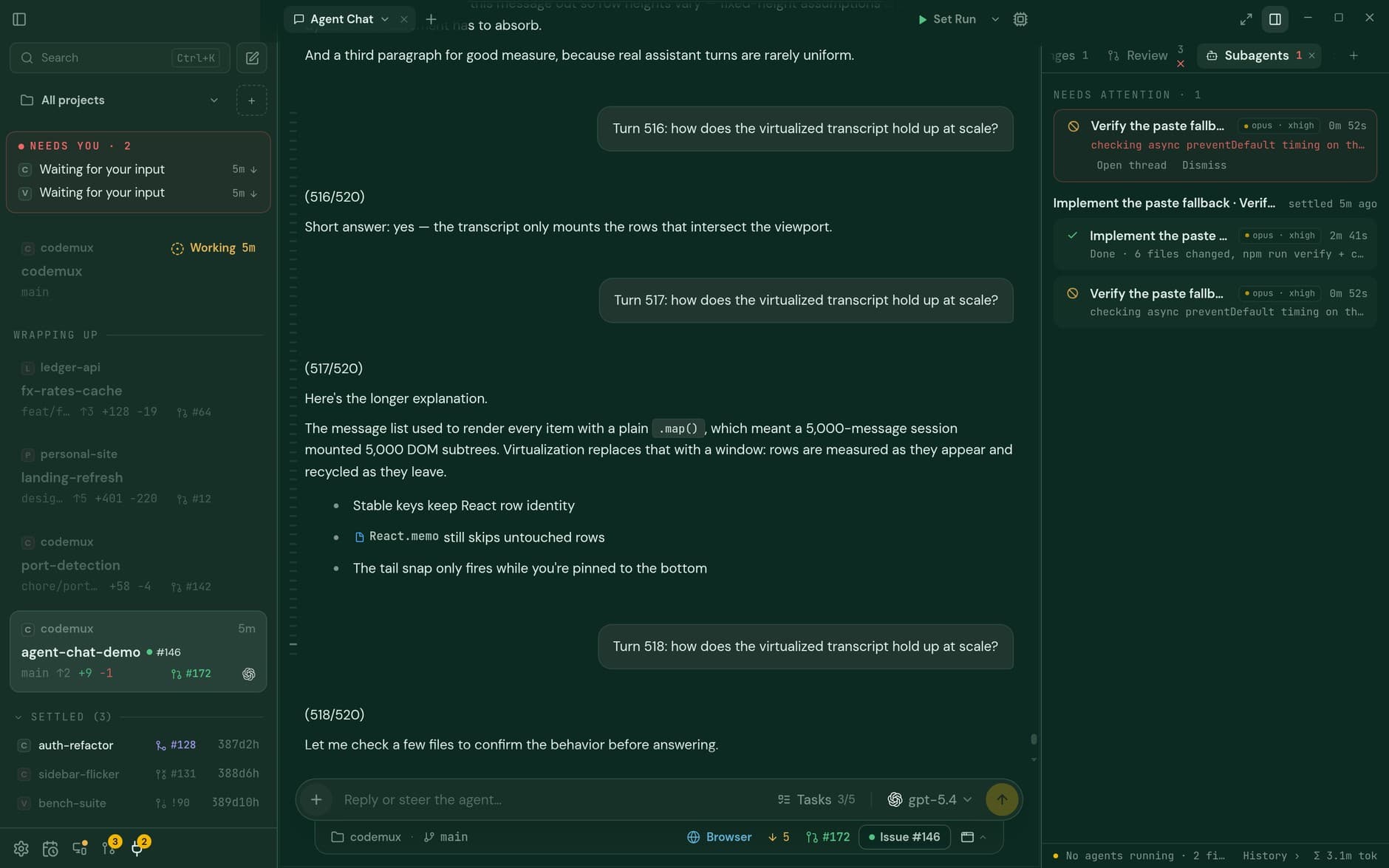 Codemux agent chat showing tool calls, subagents and the composer
