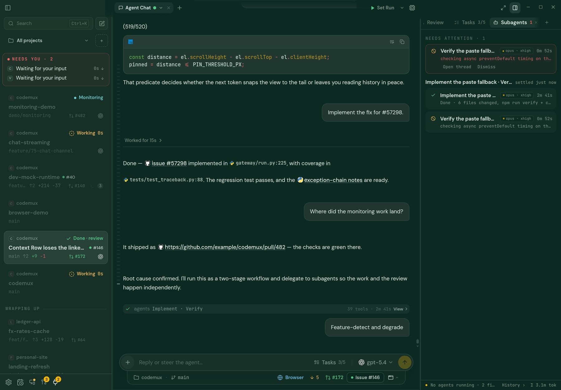 Codemux running three agents side by side, each in its own worktree