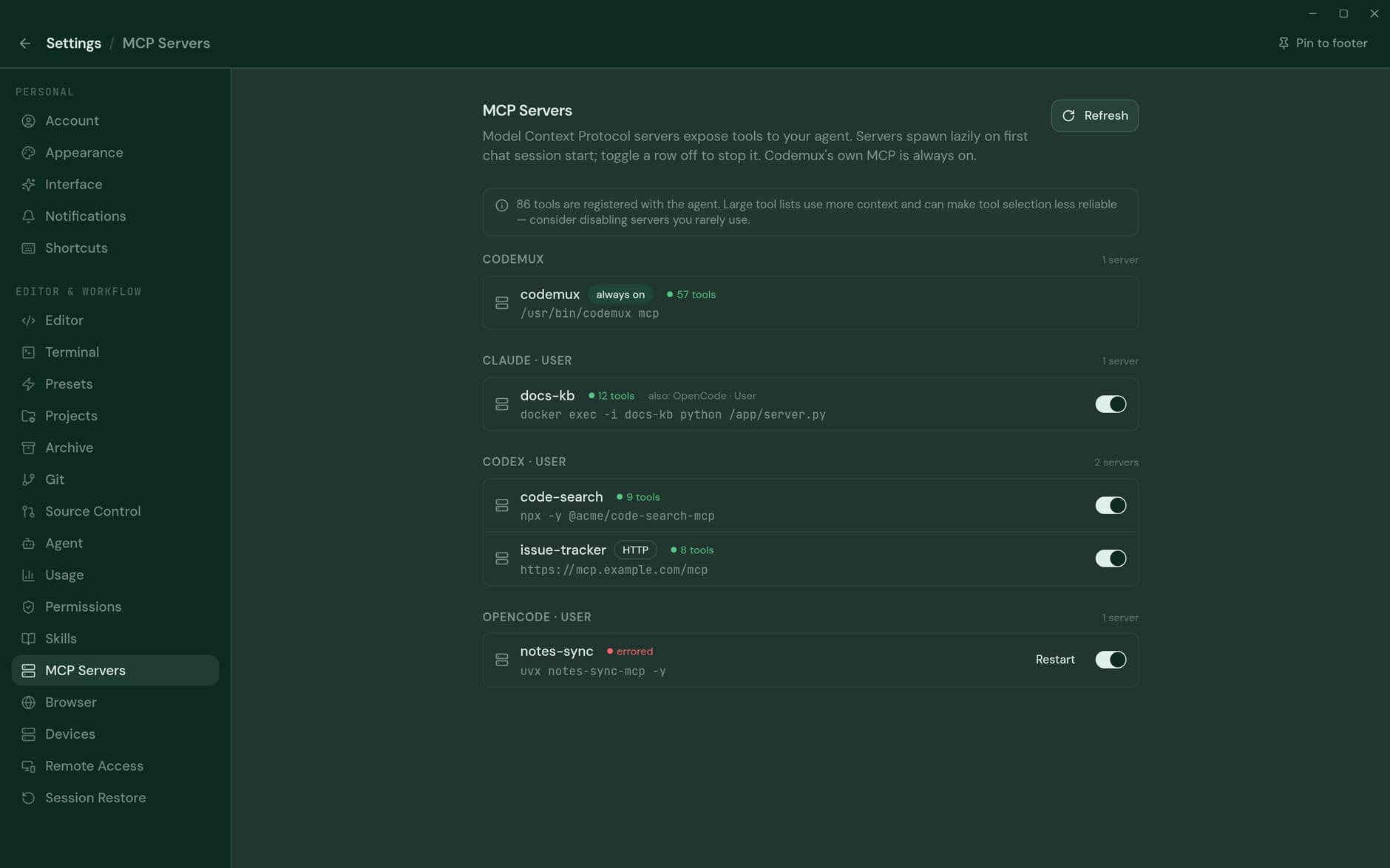 The Codemux MCP servers settings pane