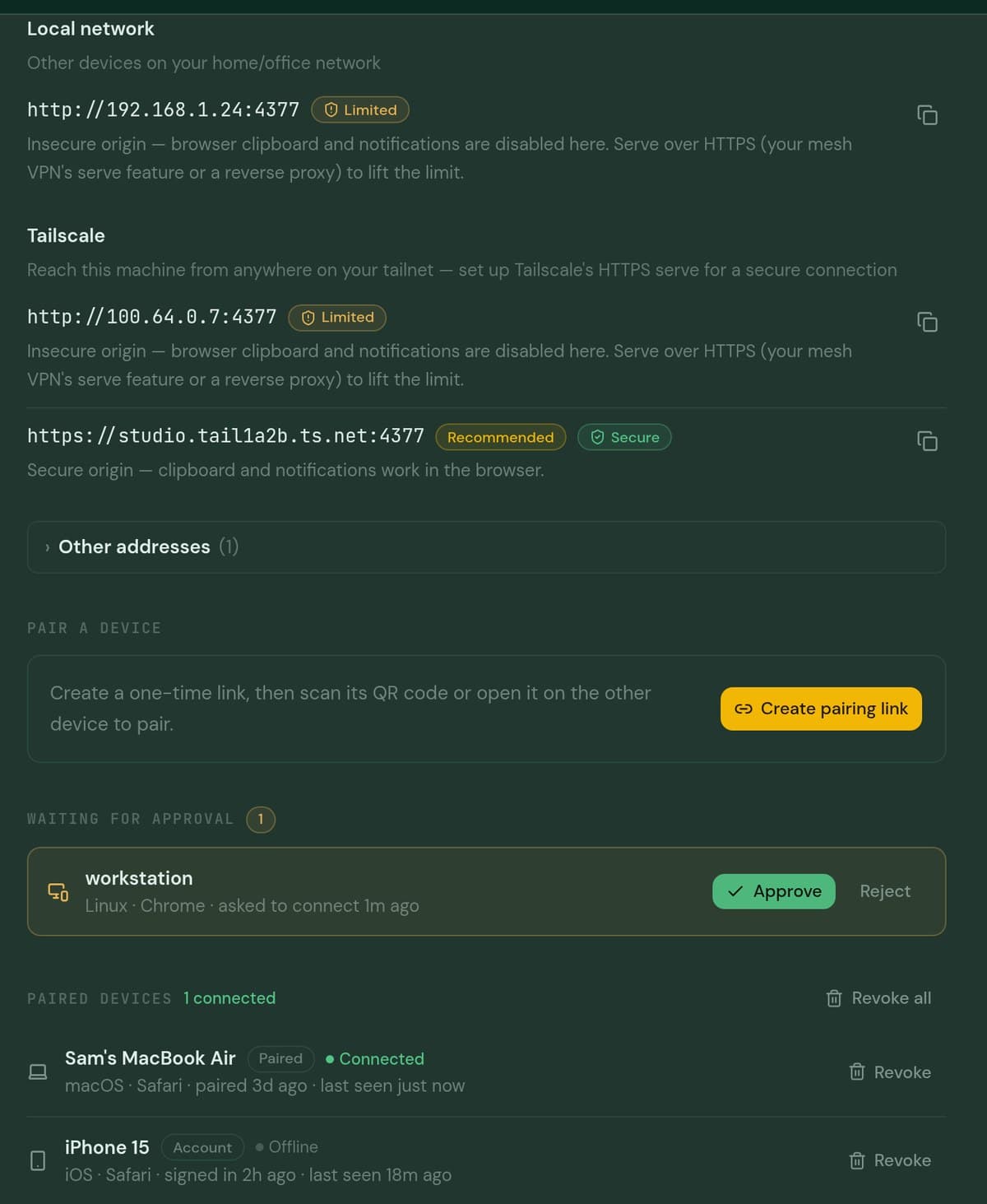 Codemux remote access settings showing pairing links and paired devices