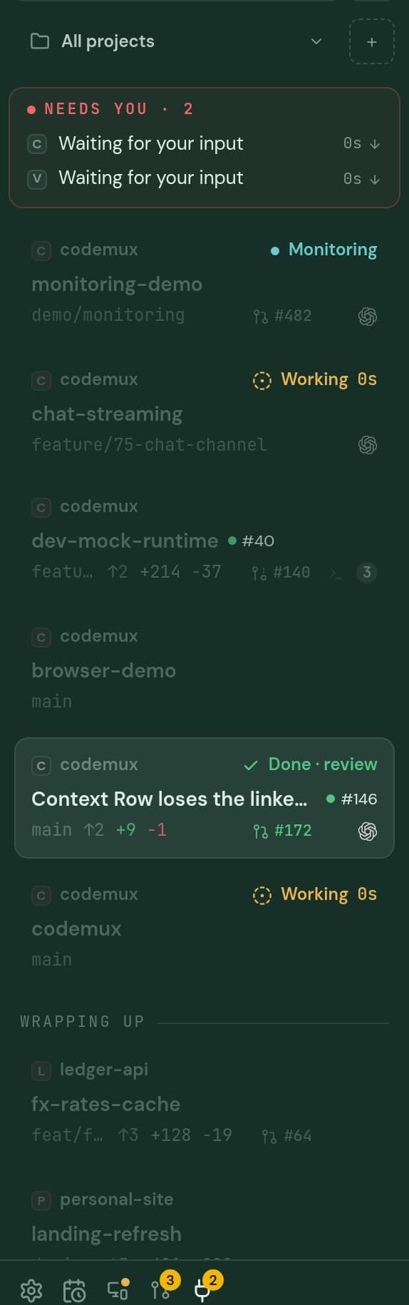 The Codemux workspace sidebar, one row per task